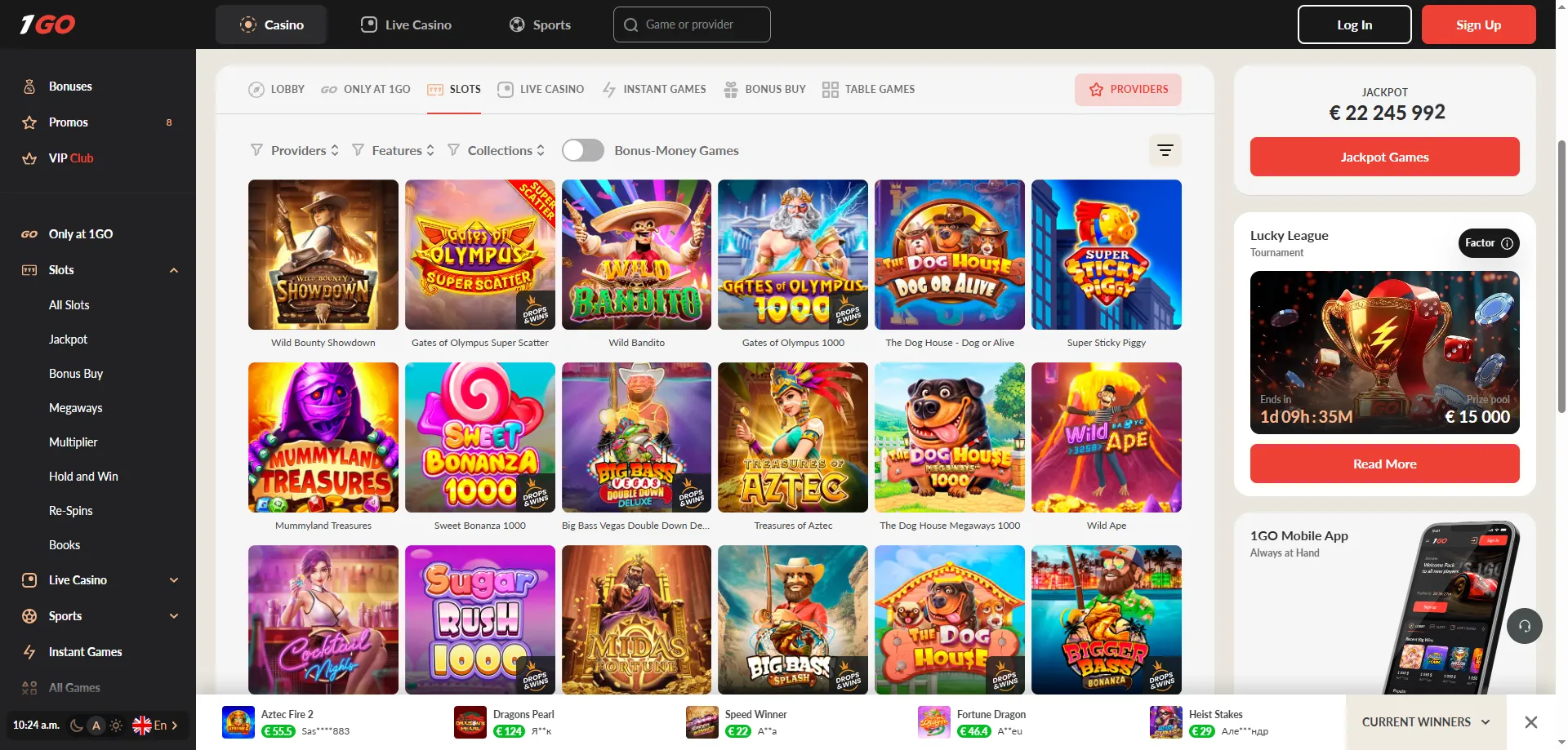 1GO Casino welcome bonus — 225% up to 81,000 INR plus 400 free spins