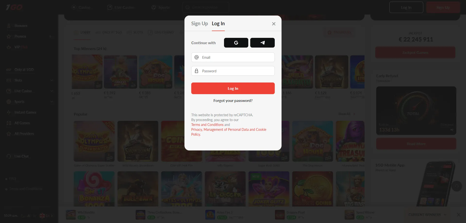 1GO Casino login page — secure account access for Indian players