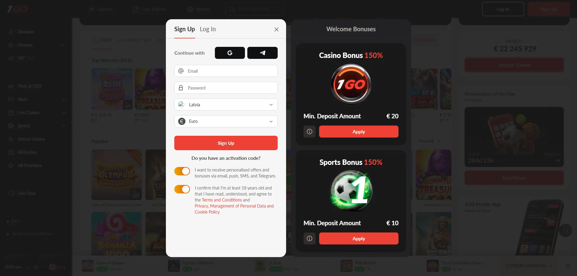 Create an account at 1GO Casino — quick sign-up process