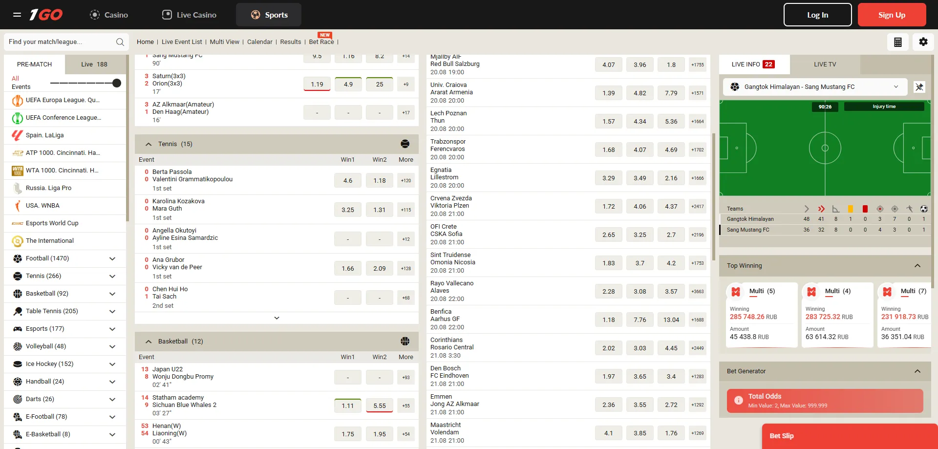 1GO Casino sportsbook on mobile — live in-play betting interface
