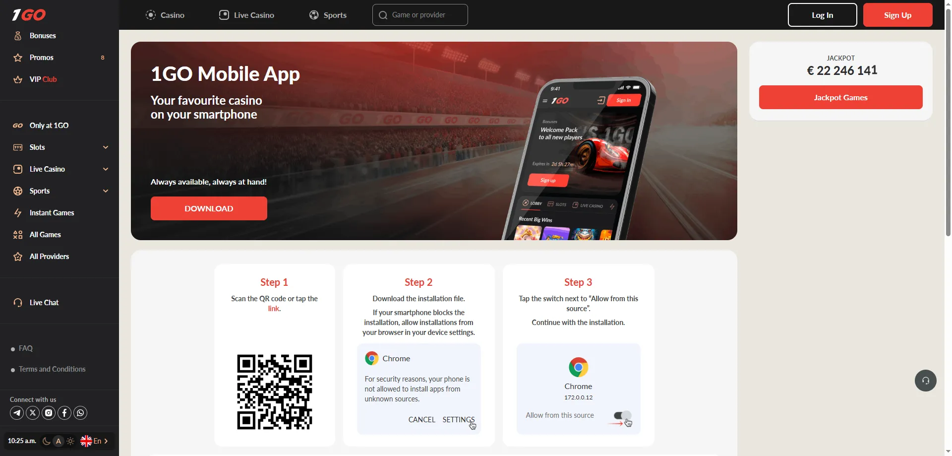 1GO Casino mobile app and PWA for Android and iOS devices