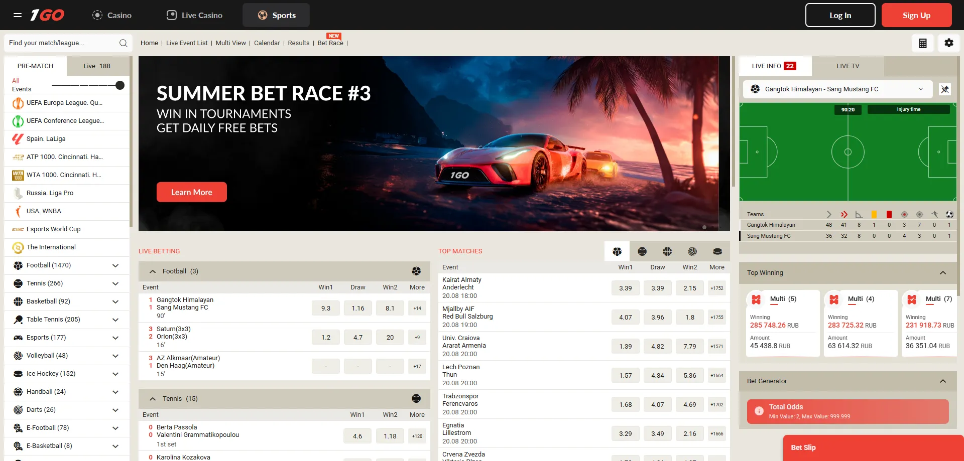 1GO Casino sportsbook — football tennis basketball live betting